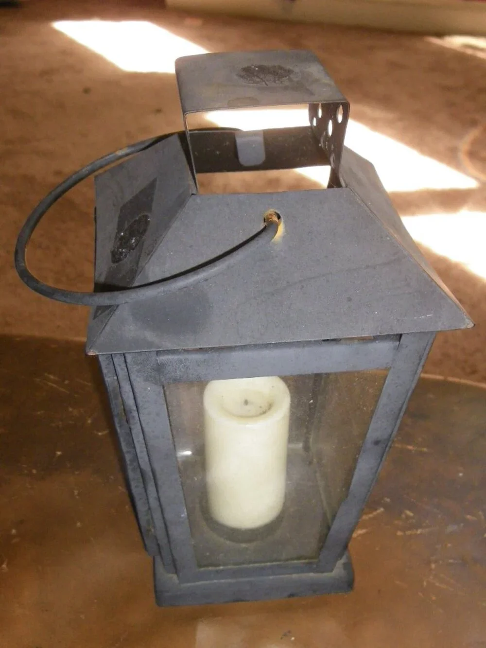 Small Metal & Glass 10” Decorative Square Lantern Nice Patina!